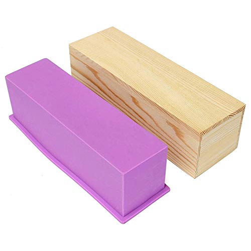 Molde rectangular para jabón, de silicona, flexible, con caja de madera, para hacer jabón casero, 1,2 litros morado