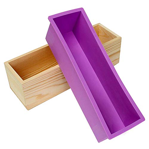 Molde rectangular para jabón, de silicona, flexible, con caja de madera, para hacer jabón casero, 1,2 litros morado