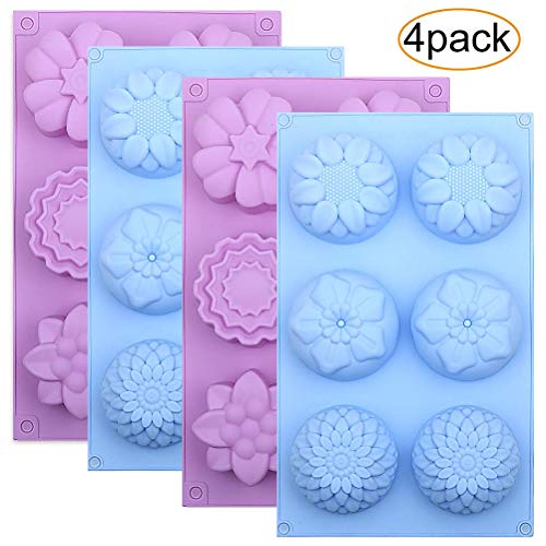 Moldes de silicona para tarta con diseño de flores, 4 unidades, hechos a mano, molde para jabones de postre, molde de silicona para bandeja de cubitos de hielo gelatina tarta de luna galletas