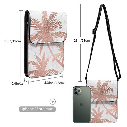 Monedero para teléfono celular, diseño tropical de rosas simples Go Palm Trees de mármol blanco pequeño bolso bandolera mini bolso para teléfono celular pasaporte con correa ajustable para el hombro