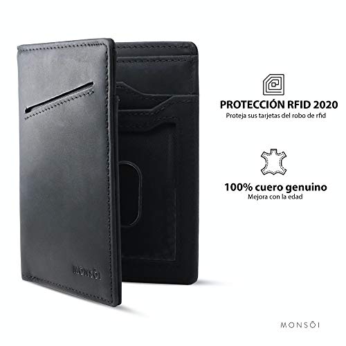 MONSOI® Cartera Hombre Pequeña RFID de Piel Auténtica - Cartera Minimalista | Cartera Slim | Billetera Hombre Pequeña | Tarjetero Hombre