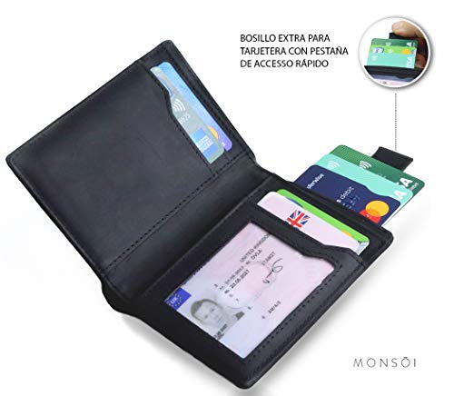MONSOI® Cartera Hombre Pequeña RFID de Piel Auténtica - Cartera Minimalista | Cartera Slim | Billetera Hombre Pequeña | Tarjetero Hombre