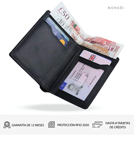 MONSOI® Cartera Hombre Pequeña RFID de Piel Auténtica - Cartera Minimalista | Cartera Slim | Billetera Hombre Pequeña | Tarjetero Hombre