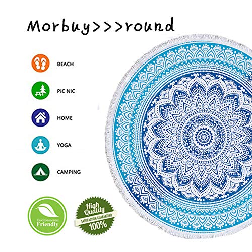 Morbuy Toalla de Playa Redonda, Estilo Mandala Indio Decoración, La Playa Tapiz de Pared Manta Yoga Picnic Mantel Tassel Beach Towel Blanket Clips, 59 Inch (150cm,Mandala Azul)