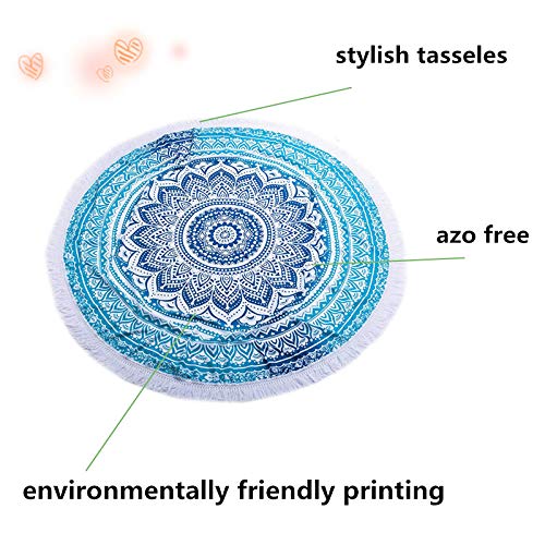 Morbuy Toalla de Playa Redonda, Estilo Mandala Indio Decoración, La Playa Tapiz de Pared Manta Yoga Picnic Mantel Tassel Beach Towel Blanket Clips, 59 Inch (150cm,Mandala Azul)