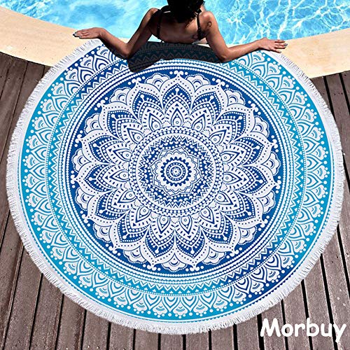 Morbuy Toalla de Playa Redonda, Estilo Mandala Indio Decoración, La Playa Tapiz de Pared Manta Yoga Picnic Mantel Tassel Beach Towel Blanket Clips, 59 Inch (150cm,Mandala Azul)
