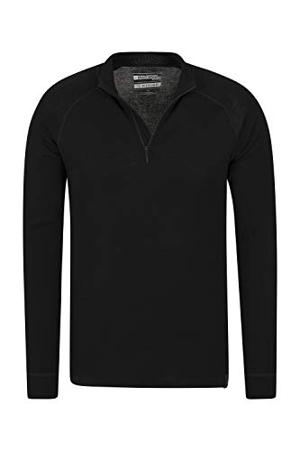Mountain Warehouse Camiseta térmica Interior en Lana Merina con Manga Larga para Hombre - Camiseta Transpirable, Media Cremallera, Camiseta cómoda - para Acampar Negro XL
