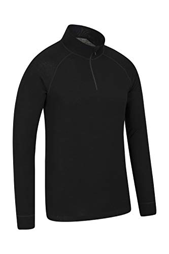 Mountain Warehouse Camiseta térmica Interior en Lana Merina con Manga Larga para Hombre - Camiseta Transpirable, Media Cremallera, Camiseta cómoda - para Acampar Negro XL