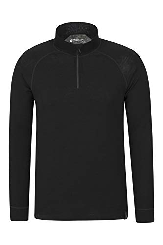Mountain Warehouse Camiseta térmica Interior en Lana Merina con Manga Larga para Hombre - Camiseta Transpirable, Media Cremallera, Camiseta cómoda - para Acampar Negro XL