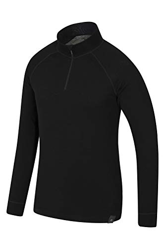 Mountain Warehouse Camiseta térmica Interior en Lana Merina con Manga Larga para Hombre - Camiseta Transpirable, Media Cremallera, Camiseta cómoda - para Acampar Negro XL