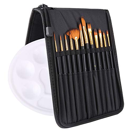 mreechan Brochas de pintura,Juego de pinceles profesionales,12 Piezas Set Brocha Profesional Punta Redonda Pelo de Nylon artista Acrylic Brush para Acrílico Acuarela Óleo de Crafts