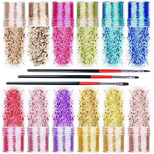 mreechan flash lentejuelas de polvo,conjunto de polvo de uñas flash,flash polvo decorativo,tiene 12 colores,viene con cepillo decorativo,utilizar para el maquillaje,embellecer las uñas, sombra etc