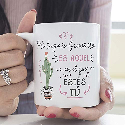 MUGFFINS Taza San Valentín (Te quiero) - Mi lugar favorito cactus - Regalos Originales y Divertidos de Aniversario para Novios, Enamorados, Pareja.
