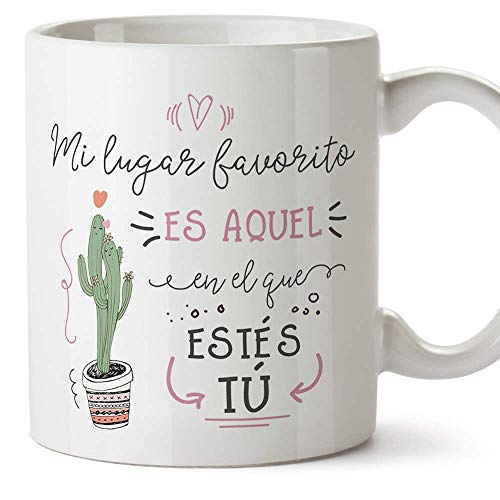 MUGFFINS Taza San Valentín (Te quiero) - Mi lugar favorito cactus - Regalos Originales y Divertidos de Aniversario para Novios, Enamorados, Pareja.