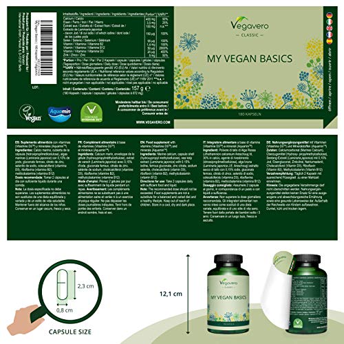 Multivitaminas Para Veganos Vegavero® | El Único Sin Aditivos | Vitamina B12 + Calcio (Aquamin) + D3 (Vitashine) + Hierro + Selenio + Zinc + Yodo + B2 | 180 Cápsulas | Complejo Multivitamínico
