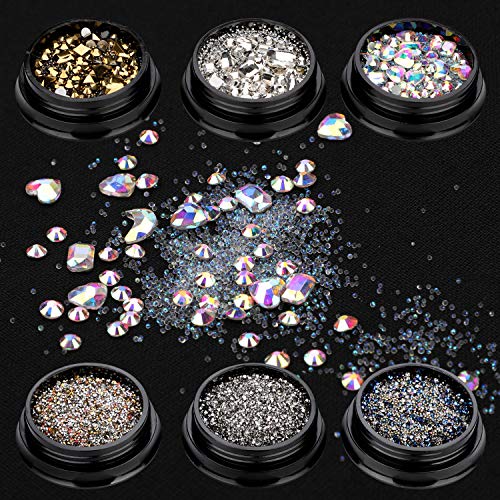 Mwoot Piedras del Strass para el arte del arte de las uñas, 6 cajas de cristales mixtos piedras preciosas perlas para DIY Nails Art