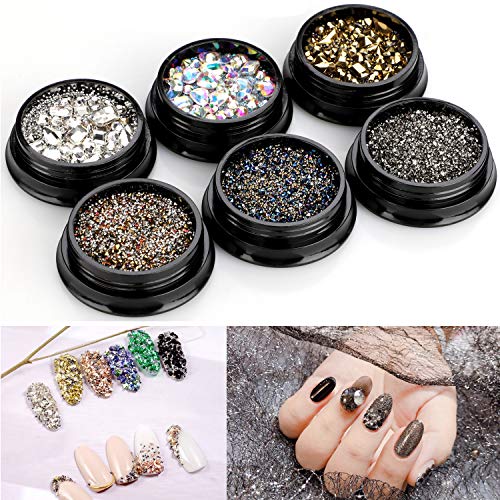 Mwoot Piedras del Strass para el arte del arte de las uñas, 6 cajas de cristales mixtos piedras preciosas perlas para DIY Nails Art