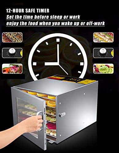 Mxmoonant Deshidratador de Alimentos, 6 bandejas, Todo Acero Inoxidable, 35-75 ℃, 12 Horas de Tiempo, 35 L para Hierbas, té perfumado, cecina, Chips de Frutas (Digital)