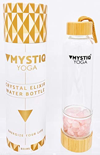 MYSTIQ YOGA | Botella de Cristal para Agua Elixir | 550ml | No BPA| Madera Bambú | Botella Deportiva para Infusiones con Pedrería | Cristales de Cuarzo & Estuche Neopreno Termo (Cuarzo Rosa)