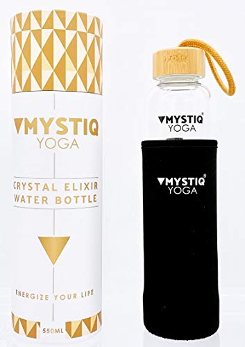 MYSTIQ YOGA | Botella de Cristal para Agua Elixir | 550ml | No BPA| Madera Bambú | Botella Deportiva para Infusiones con Pedrería | Cristales de Cuarzo & Estuche Neopreno Termo (Cuarzo Rosa)