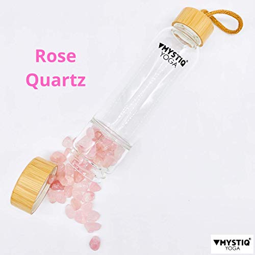 MYSTIQ YOGA | Botella de Cristal para Agua Elixir | 550ml | No BPA| Madera Bambú | Botella Deportiva para Infusiones con Pedrería | Cristales de Cuarzo & Estuche Neopreno Termo (Cuarzo Rosa)
