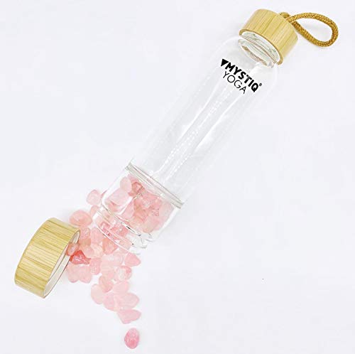 MYSTIQ YOGA | Botella de Cristal para Agua Elixir | 550ml | No BPA| Madera Bambú | Botella Deportiva para Infusiones con Pedrería | Cristales de Cuarzo & Estuche Neopreno Termo (Cuarzo Rosa)