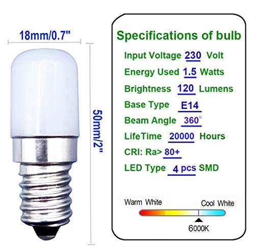 MZMing [2 Piezas] E14 Tornillos Pequeños LED Bulb 1.5W Bombillas Reemplaza 15W Bombilla Halógena-6000K Blanco Frío 180lm de-no Regulable Bajo en Calorías para Usado para Refrigerador
