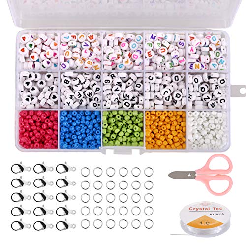 Naler Conjunto de 4mm Cuentas de Colores y 7mm Abalorios Letras Redondas Cuentas Alfabeto para Pulseras DIY Manualidades (1550 Piezas)