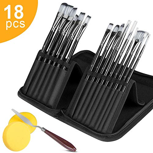 NANAPLUMS® Set - de - Pinceles - Profesionales, Pincel de Artista(18 Piezas). Para Pintura acrlica, Acuarela, Temperas, Pintura Facial y más. Incluye cuchillo de paleta y dos esponjas.