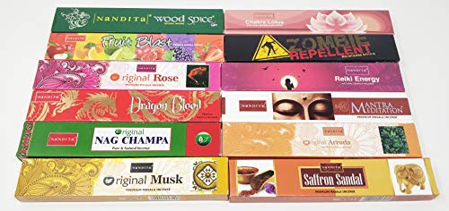 Nandita Masala Premium - Varillas de incienso - mirra, pachulí, benzoína, almizcle, floral, hierbas, sándalo, lavanda, brisa, purificación sagrada, oro, dragones sangre con carro JRN1
