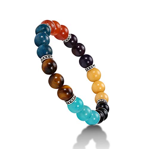 Natural Pulsera de 7 Chakras,WINGLESCOUT pulsera de cuentas de piedras preciosas de lava de lava,Estiramiento de yoga pulseras moldeadas de curación Chakras 8 mm de cristal redondo perlas Reiki