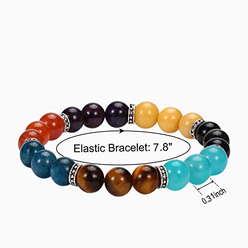 Natural Pulsera de 7 Chakras,WINGLESCOUT pulsera de cuentas de piedras preciosas de lava de lava,Estiramiento de yoga pulseras moldeadas de curación Chakras 8 mm de cristal redondo perlas Reiki