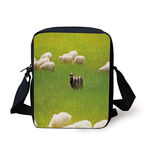 Nature,Black Sheep between White Goats on Grass Field Meadow Animal Farm Landscape,Fern Green Cream Print Kids Crossbody Messenger Bag Purse