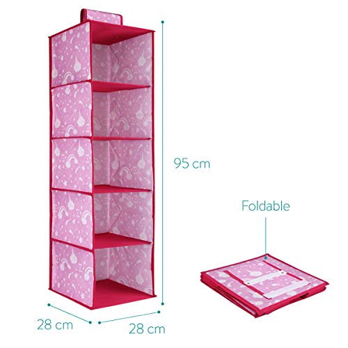 Navaris Organizador de Tela para el Armario - Colgador de Ropa con 5 baldas para la habitación de niños o bebés - 28 x 28 x 95CM - Rosa