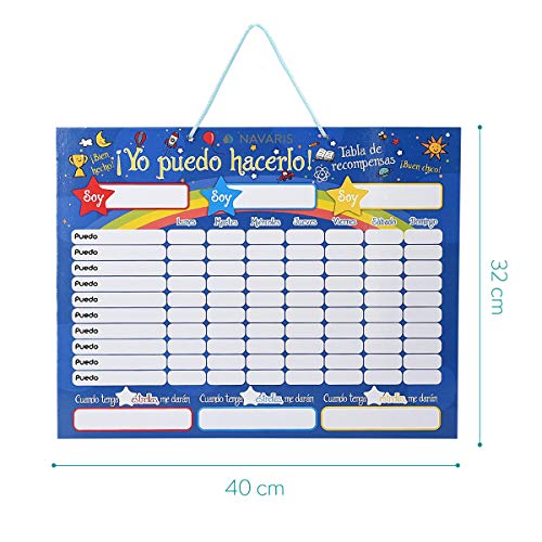 Navaris Pizarra de recompensa para niños - Tabla magnética para Dar premios por Buen Comportamiento - Calendario con rotulador 250 imanes - Español