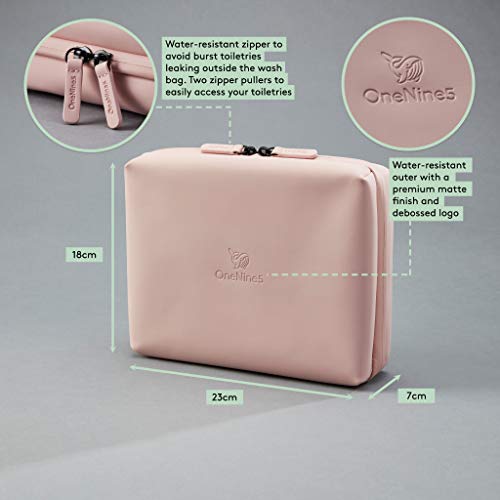 Neceser De Viaje OneNine5 en Rosa Komodo, con Bolsa Transparente para Avión, Cosmetiquera Ecológica, Plástico 100% Reciclado & Forro Impermeable, Bolsa De Aseo Colgante 7 Bolsillos Hombre Mujer …