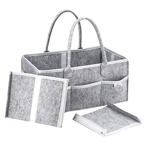 NEENY Organizador de Pañales para Bebé Cambiador Portátil Cesta de Pañales Toallitas Húmedas Bolso Compartimentos ajustable para el Hogar Viajes Coche Fieltro Suave Gris GRATIS 2 Baberos y 2 Chupetes