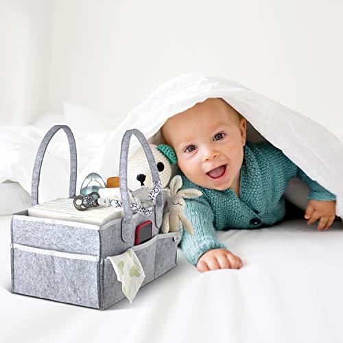 NEENY Organizador de Pañales para Bebé Cambiador Portátil Cesta de Pañales Toallitas Húmedas Bolso Compartimentos ajustable para el Hogar Viajes Coche Fieltro Suave Gris GRATIS 2 Baberos y 2 Chupetes