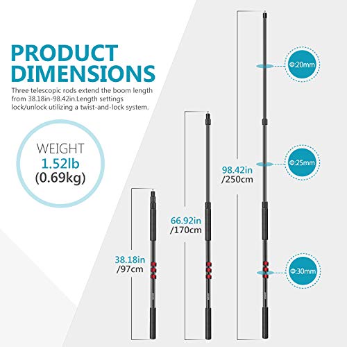 Neewer Palo Estirable portátil de 3 Secciones de micrófono Boom con estándar de 5/8 Pulgada 27 Rosca y Longitud Ajustable de 3 pies a 8 pies (NW-7000)
