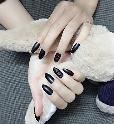 Negro Estilete falso uñas  Fiesta elegante vintage Uñas postizas Arte de uñas artificiales en 3D Cubierta completa de tamaño mediano Uñas de acrilico 24PCS