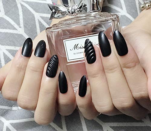 Negro Estilete falso uñas  Fiesta elegante vintage Uñas postizas Arte de uñas artificiales en 3D Cubierta completa de tamaño mediano Uñas de acrilico 24PCS