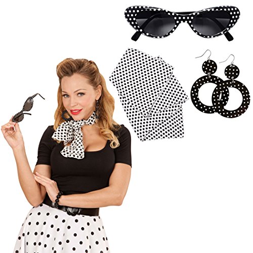 NET TOYS Set Disfraz Rockabilly con Gafas de Sol, Pendientes y pañuelo para el Cuello Traje años 50 60 Outfit Rock and Rock Accesorio Disfraz sesentero Complemento Ropa Mujer