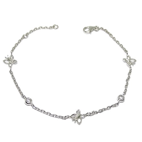Never Say Never Pulsera de Oro Blanco de 18k para Mujer con 3 Mariposas y circonitas de la Mejor Calidad. 18.00cm de Largo