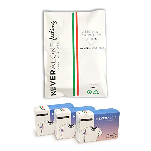NeverAlone 30 Almohadillas de sudoración para axilas, Absorbentes de Transpiración, Hiperhidrosis, unisex, protectores de vestido, cómodas, adaptables, producto Italiano, protectores de vestido