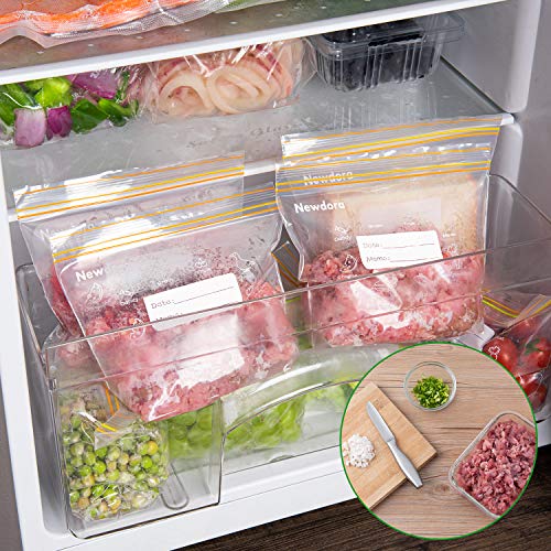 Newdora Bolsas de Alimentos Reutilizables, Bolsas Congelar Reutilizables para Almacenamiento de Alimentos, Fondo Expandible, Durable, Sin BPA, para Fruta Verduras Jugo y Otros 16cmx14cm (120 PCS)