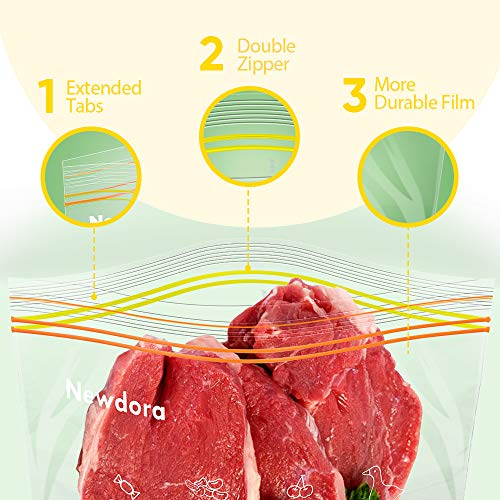 Newdora Bolsas de Alimentos Reutilizables, Bolsas Congelar Reutilizables para Almacenamiento de Alimentos, Fondo Expandible, Durable, Sin BPA, para Fruta Verduras Jugo y Otros 16cmx14cm (120 PCS)