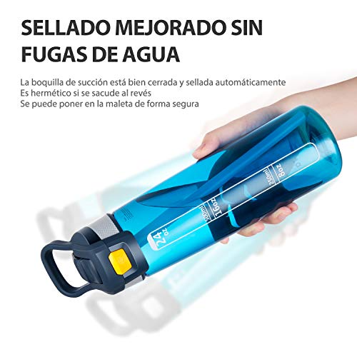Newdora Botella de Agua Deportiva [750ml/24oz] con Pajita y Cepillo de Limpieza - Libre de BPA y Tapón a Prueba de Fugas para Excursionismo, Ciclismo, Running, Acampada, Gimnasio (Azul Oscuro)