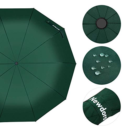 Newdora Paraguas Plegable Automático Impermeable 10 Armazones de Metal Compacto Resistencia contra Viento para Viaje para Hombres y Mujeres (Verde)