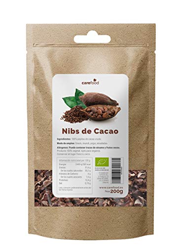 Nibs de Cacao Crudo Ecológico 200 g. Carefood | 100 % Puntas de Cacao Bio del Amazonia Peruana | Natural y Puro | Sin azúcares añadidos