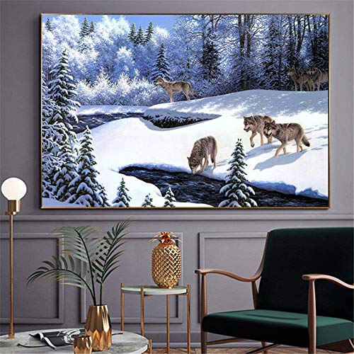 NIMCG Escena de Nieve del Grupo de Lobos Pintura Abstracta póster de Invierno decoración de la Pared de la Luna impresión (sin Marco) A1 60x80CM